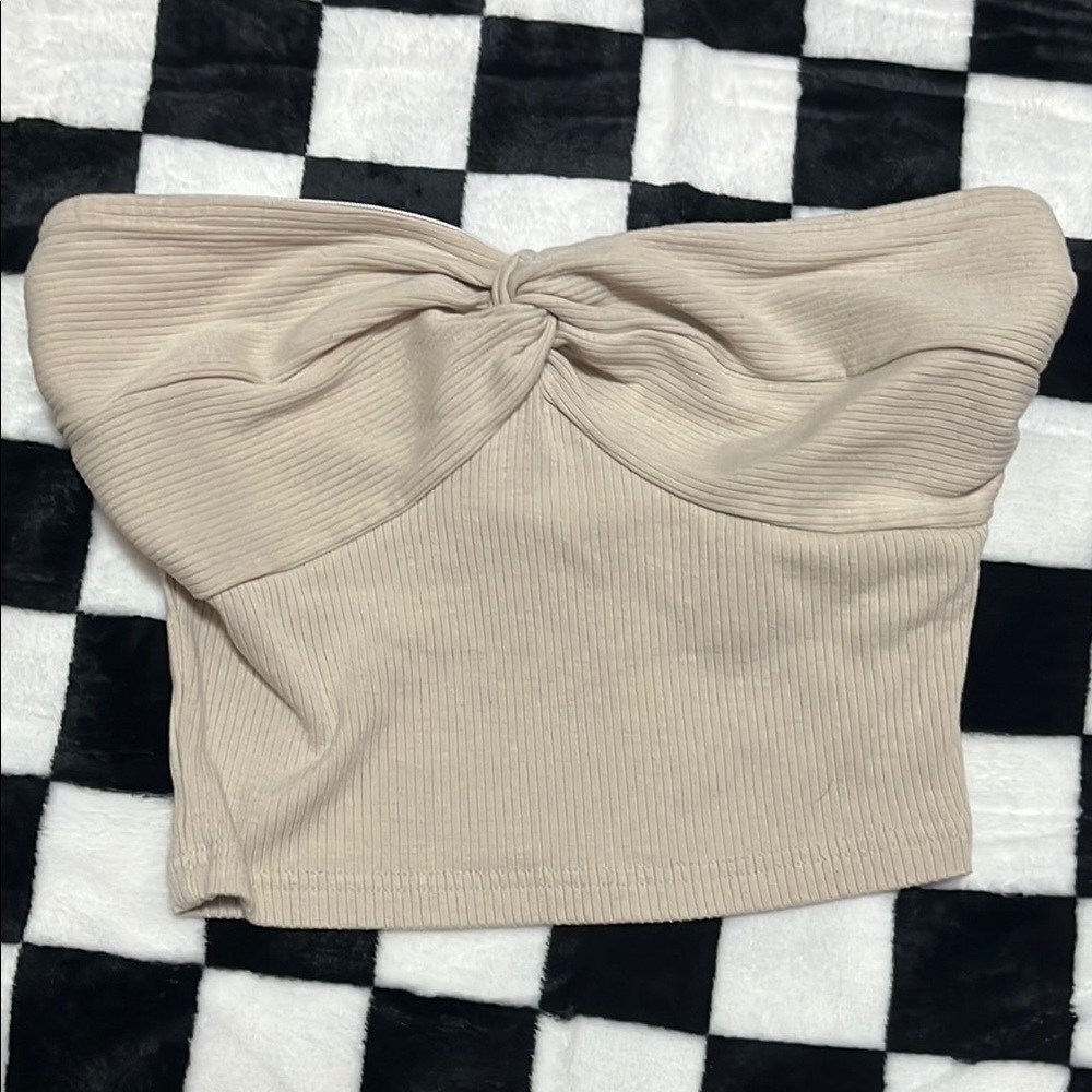 SHEIN Cream Ribbed Tie Front Bustier Crop Top